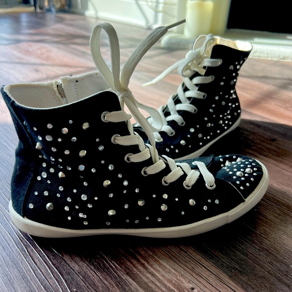 Black & silver studs diamond side zipper round toe rubber sole lace up sneakers - Picture 1 of 5
